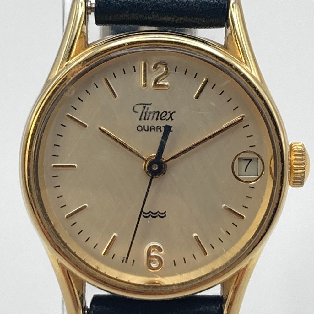 Vintage Timex Womens Watch 22mm Gold Tone Linen Dial Date New Battery SMALL 7.5" - Picture 2 of 16